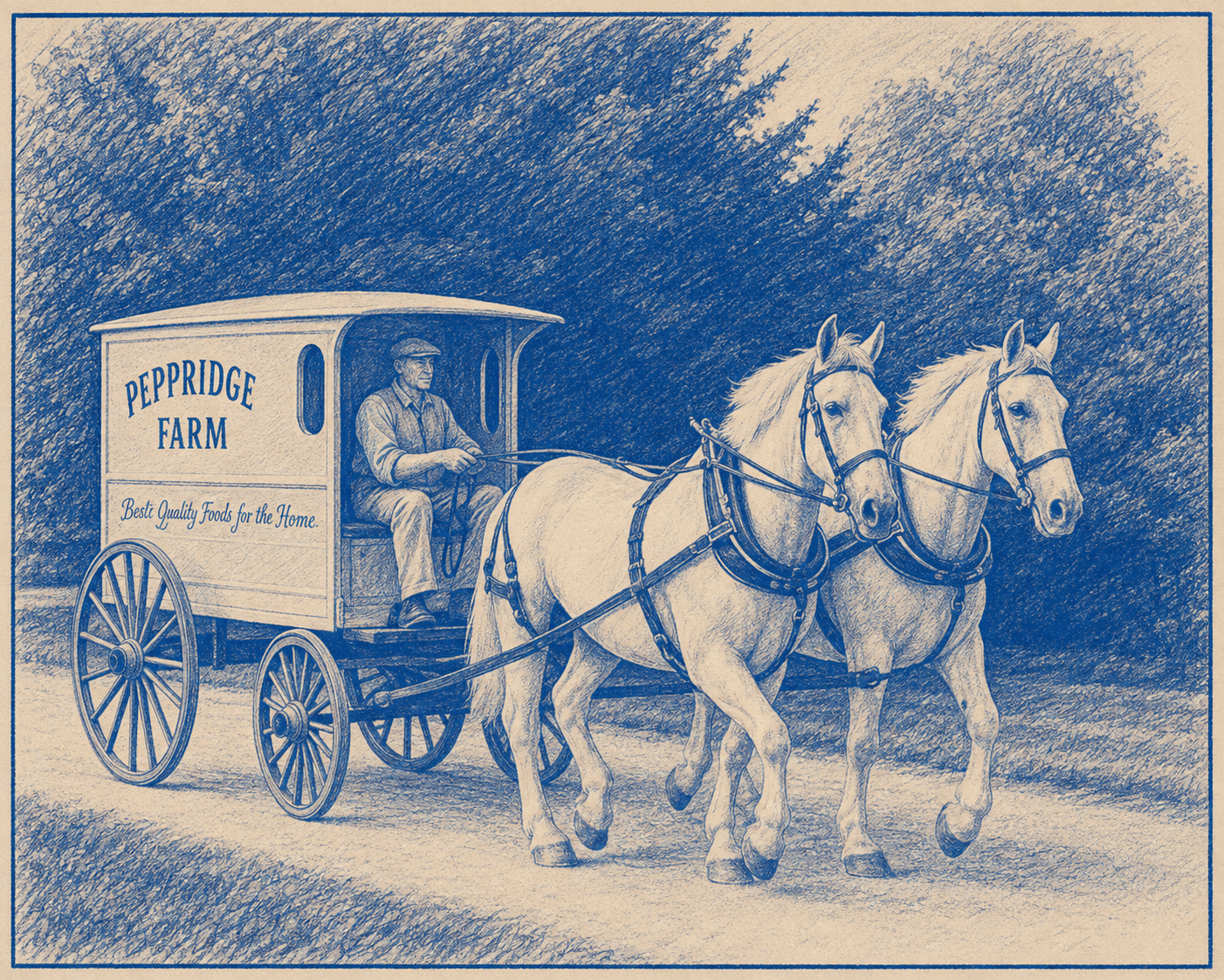 David Ogilvy ad with two white horses pulling a baker's delivery van down a country road